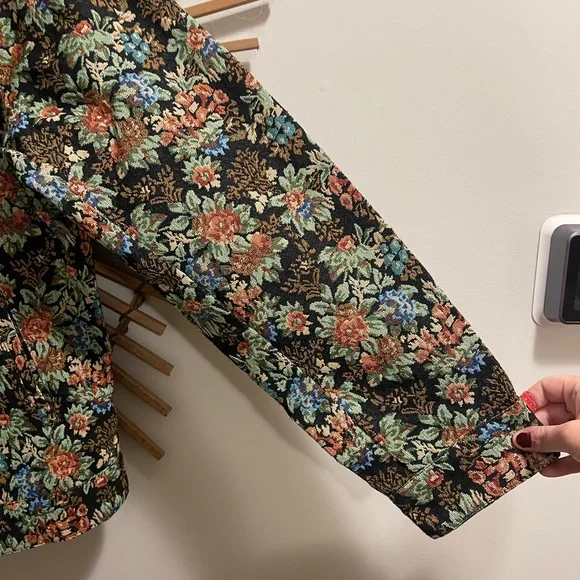 🏷️ BNWT Nova Men Tapestry Trucker Jacket Black Floral Brocade Snap Buttons Sz L - Picture 4 of 12